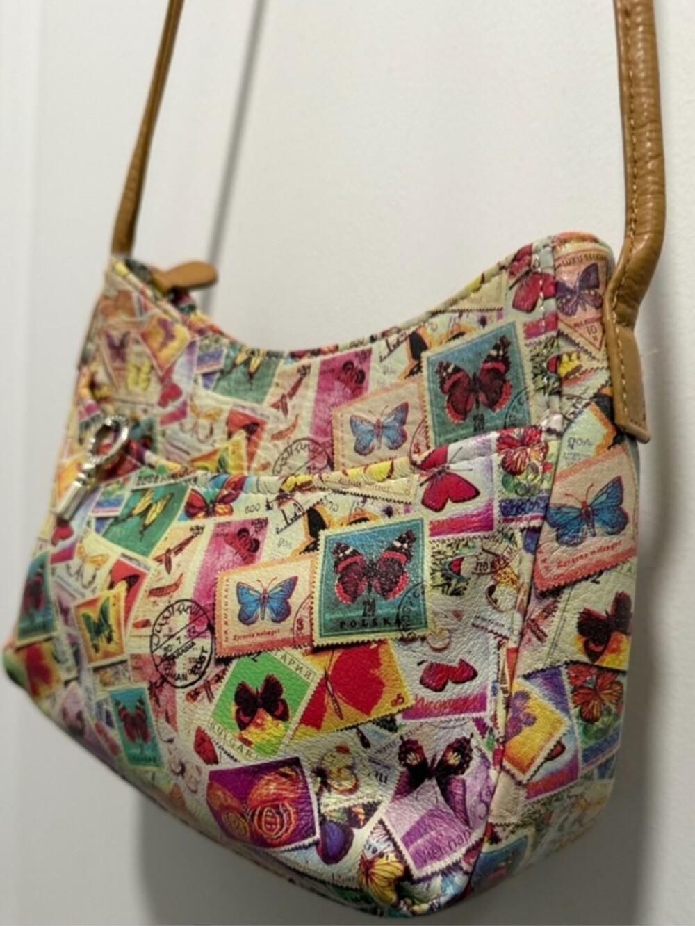 Vintage Fossil Butterfly Stamp Crossbody Bag Handbag Tan Multicolor Leather Y2K - Picture 7 of 10